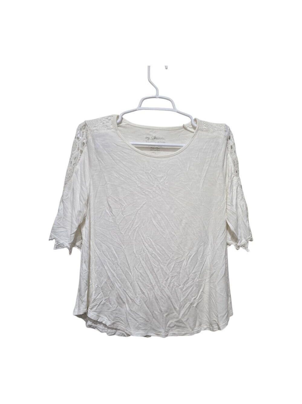Chicos White Crochet Sleeve Top Petite 1 Rayon Knit Blouse
